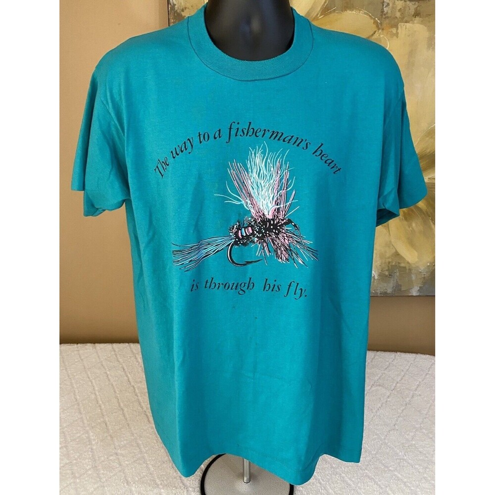 Vtg Screen Stars Best Fisherman’s Fly Graphic Tee Single Stitch USA Made Sz XL